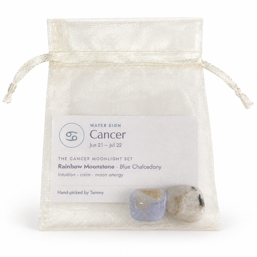 Cancer crystal set with zodiac card inside an ivory organza gift bag