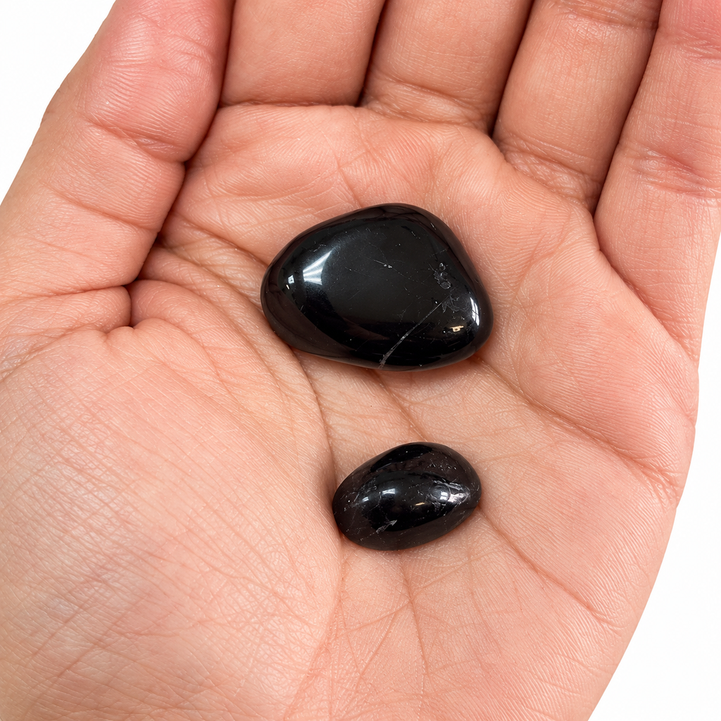 Black Onyx and Black Tourmaline in an open palm for size