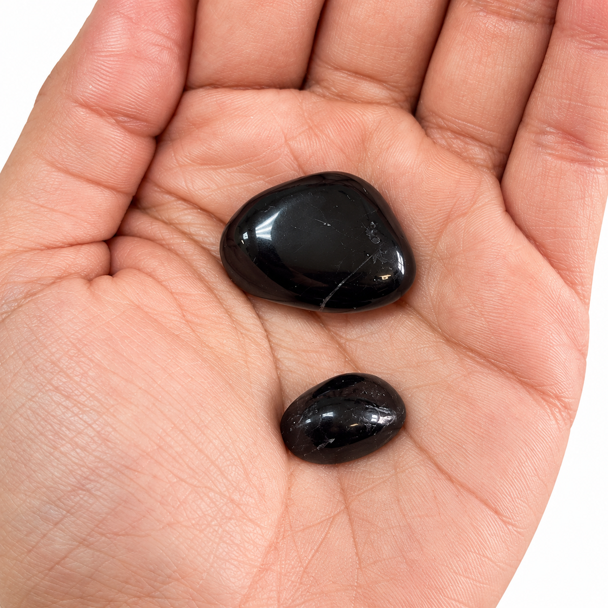Black Onyx and Black Tourmaline in an open palm for size