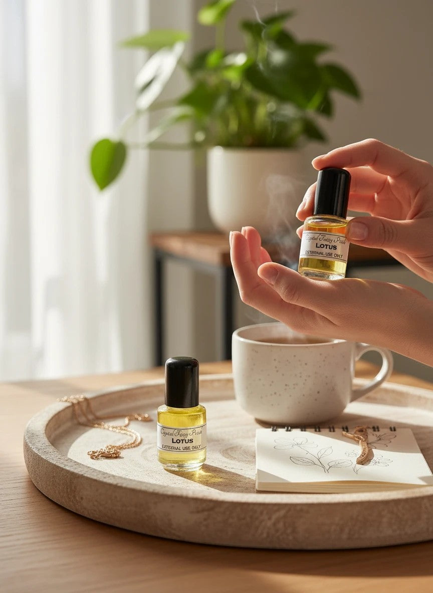 Crystal Fairy Patch  Lotus Oil in a small glass bottle, held by hand for a relaxing and cooling aromatherapy experience.