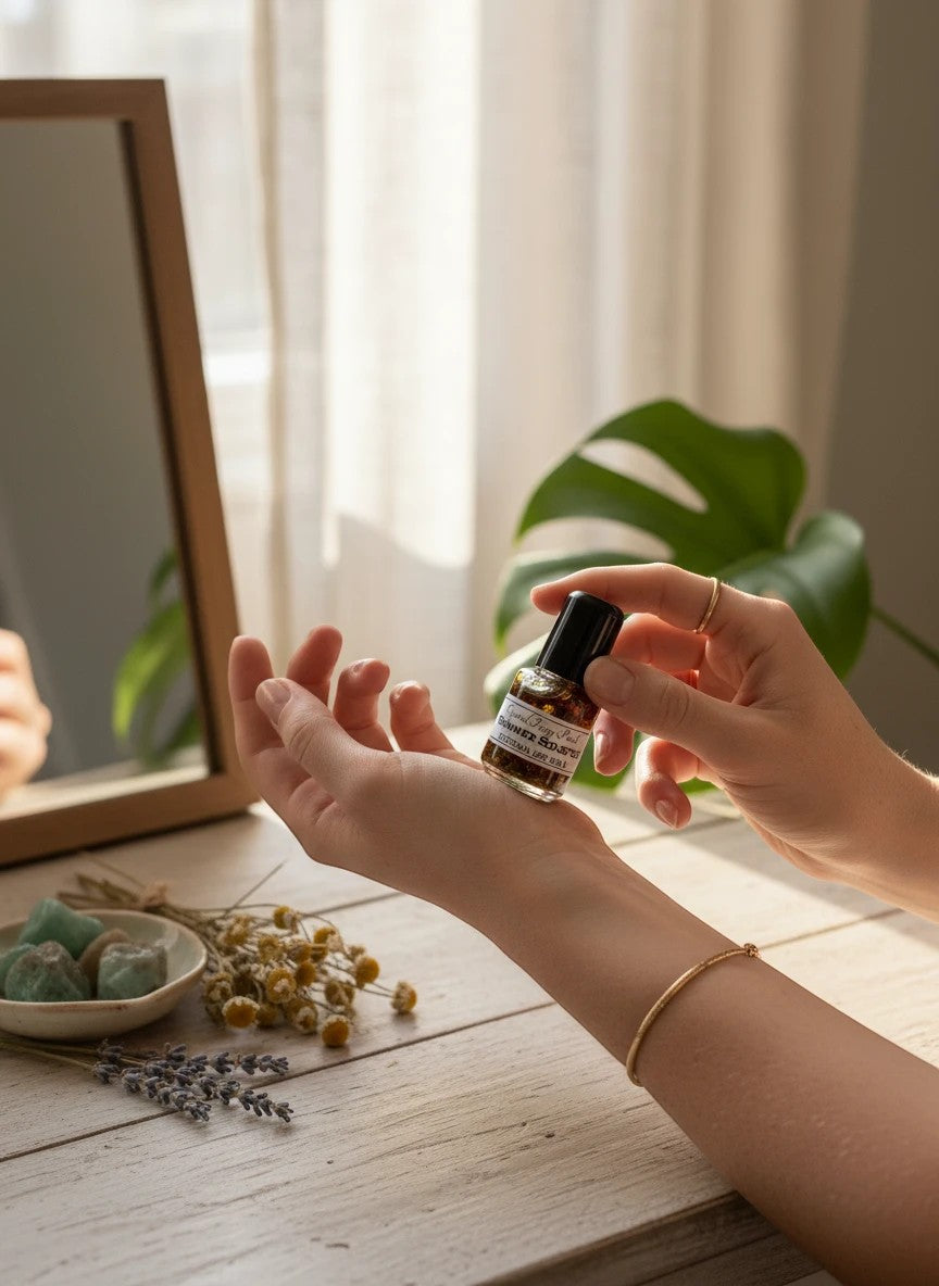 Crystal Fairy Patch Summer Solstice Oil in a small glass bottle held by a hand, featuring dried herbs and botanical elements.