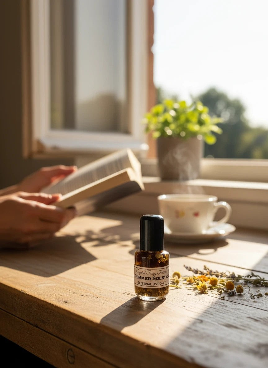 Crystal Fairy Patch Summer Solstice Oil in a glass bottle with dried herbs on a sunny wooden windowsill with a book and tea.