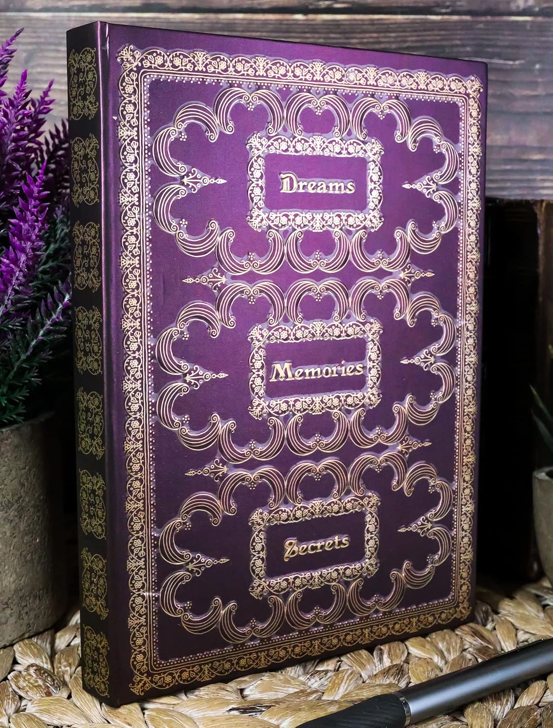 Royal Purple And Gold Dreams Memories Secrets Floral Scroll Art Embossed Blank Page Hard Cover Journal