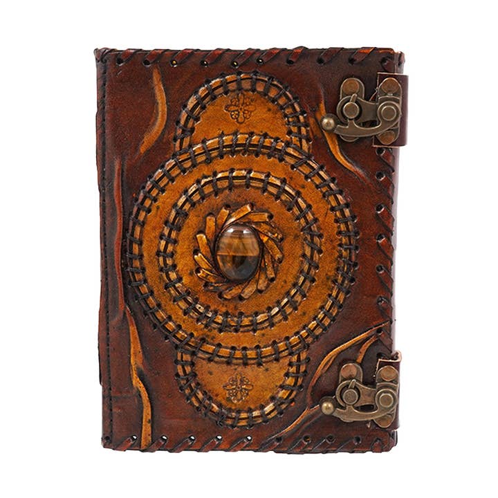 Two-Tone Leather Embossed Journal with Tiger Eye Stone