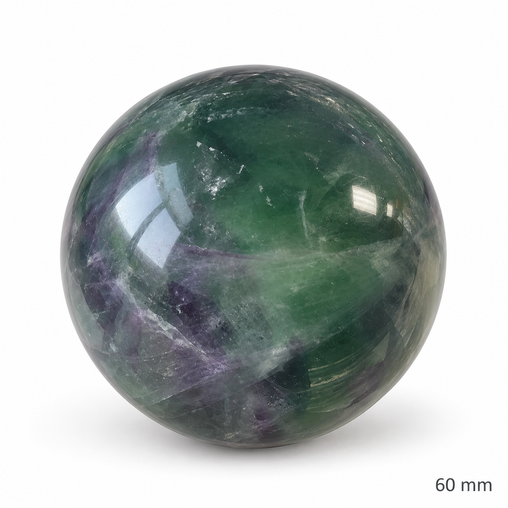 60 mm green and purple fluorite sphere, angle 1