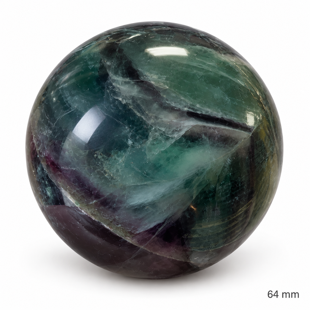 64 mm green and purple fluorite sphere, angle 1