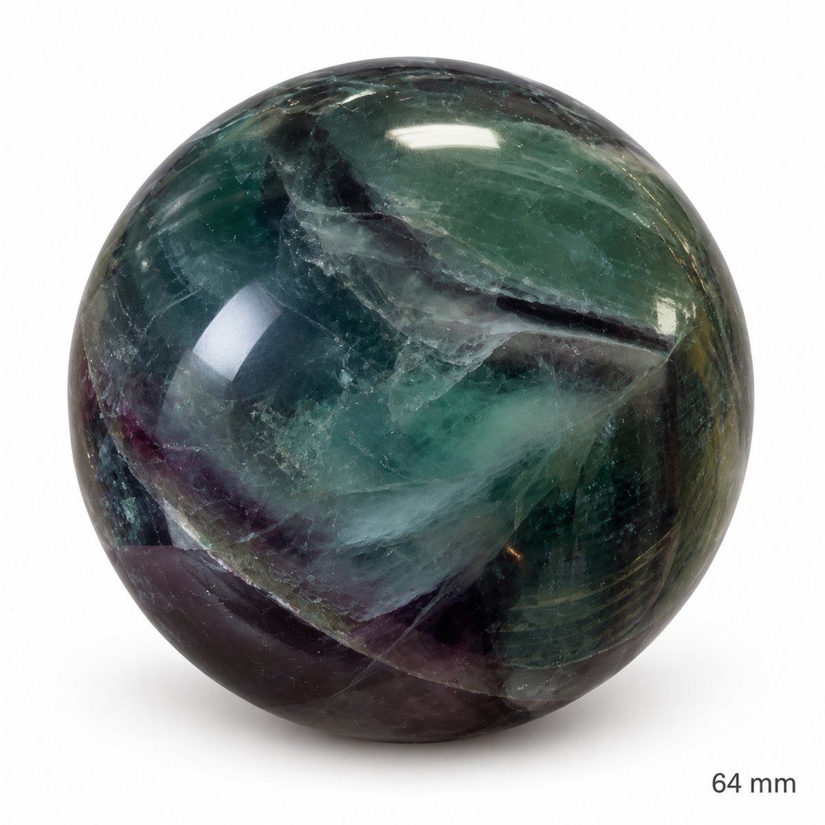 64 mm green and purple fluorite sphere, angle 1
