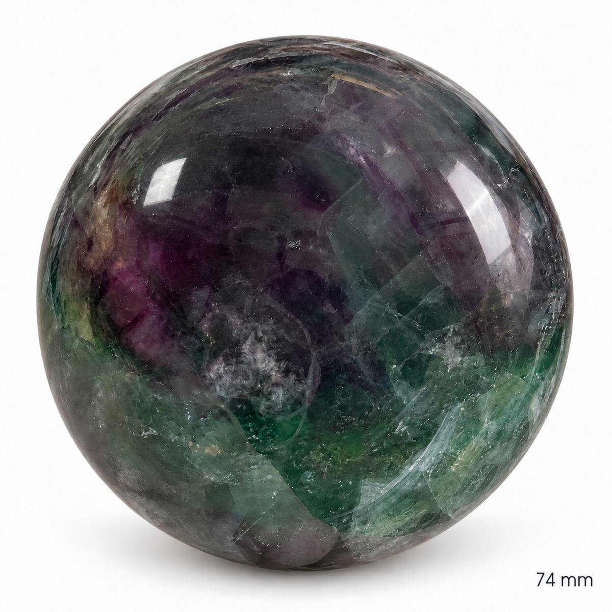 74 mm green and purple fluorite sphere, angle 2