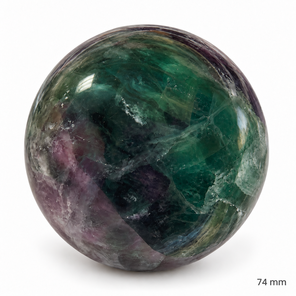 74 mm green and purple fluorite sphere, angle 3