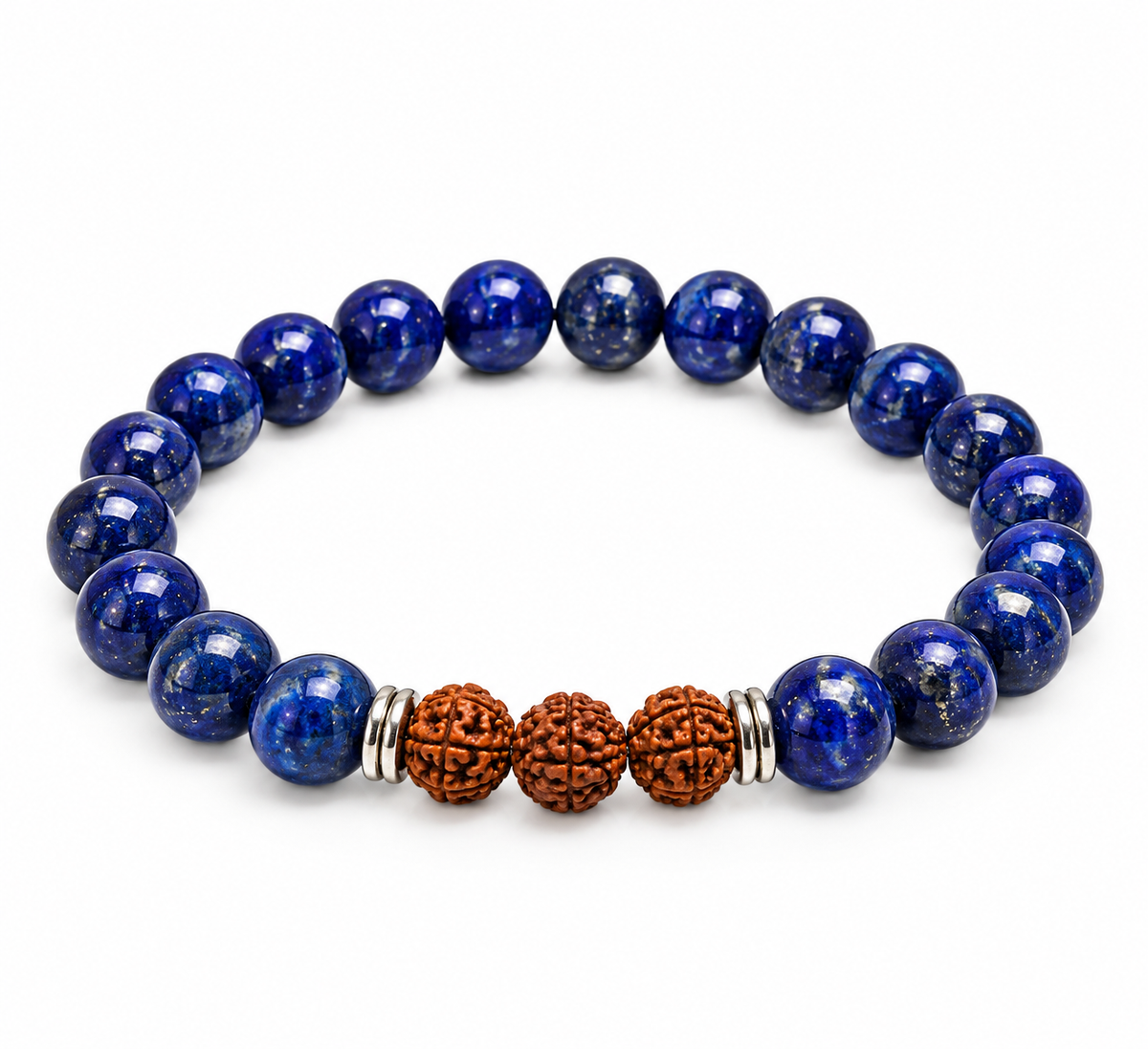 8mm Lapis Lazuli and three Rudraksha bead bracelet on white background