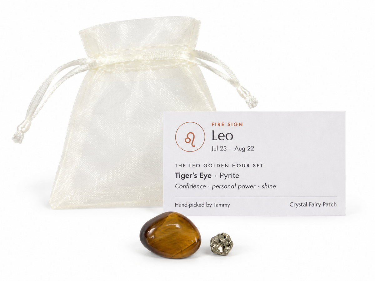 Leo Golden Hour Set with Tiger's Eye, Pyrite, zodiac card and gift bag