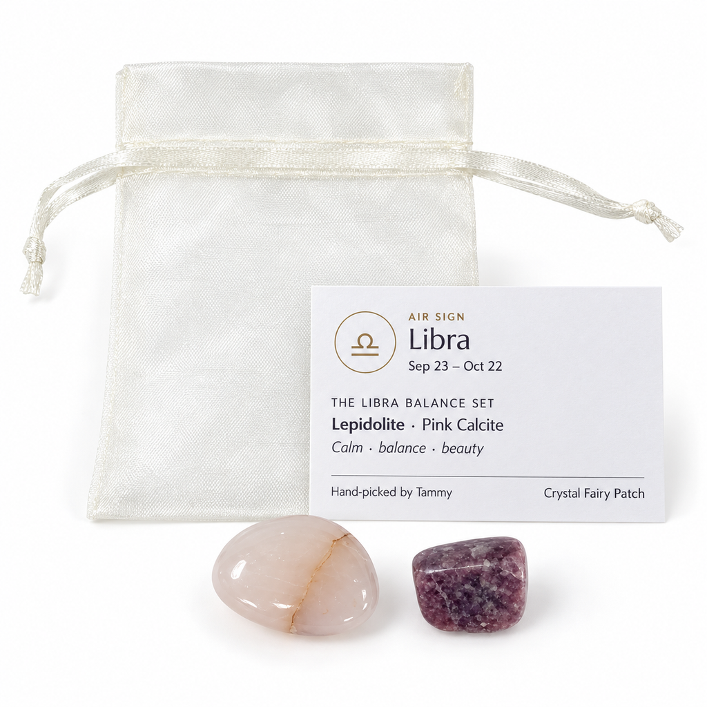 Libra Balance Set with Lepidolite, Pink Calcite, zodiac card and organza gift bag