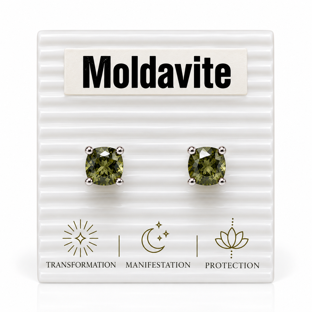 Moldavite Large Square Faceted Stud Sterling Earrings
