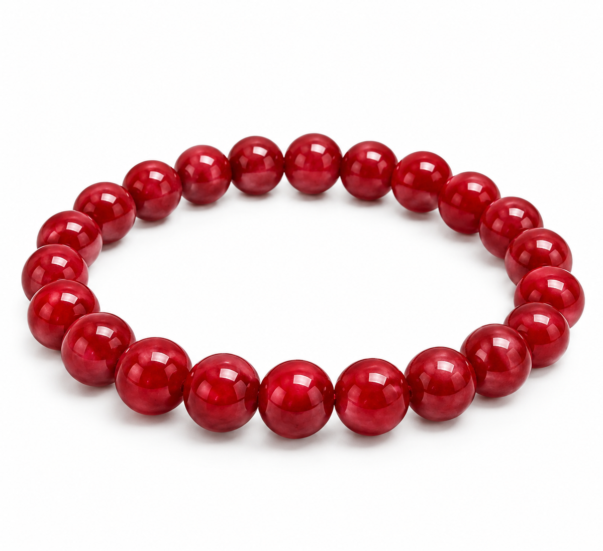 Red 8mm Mountain Jade beaded bracelet on white background