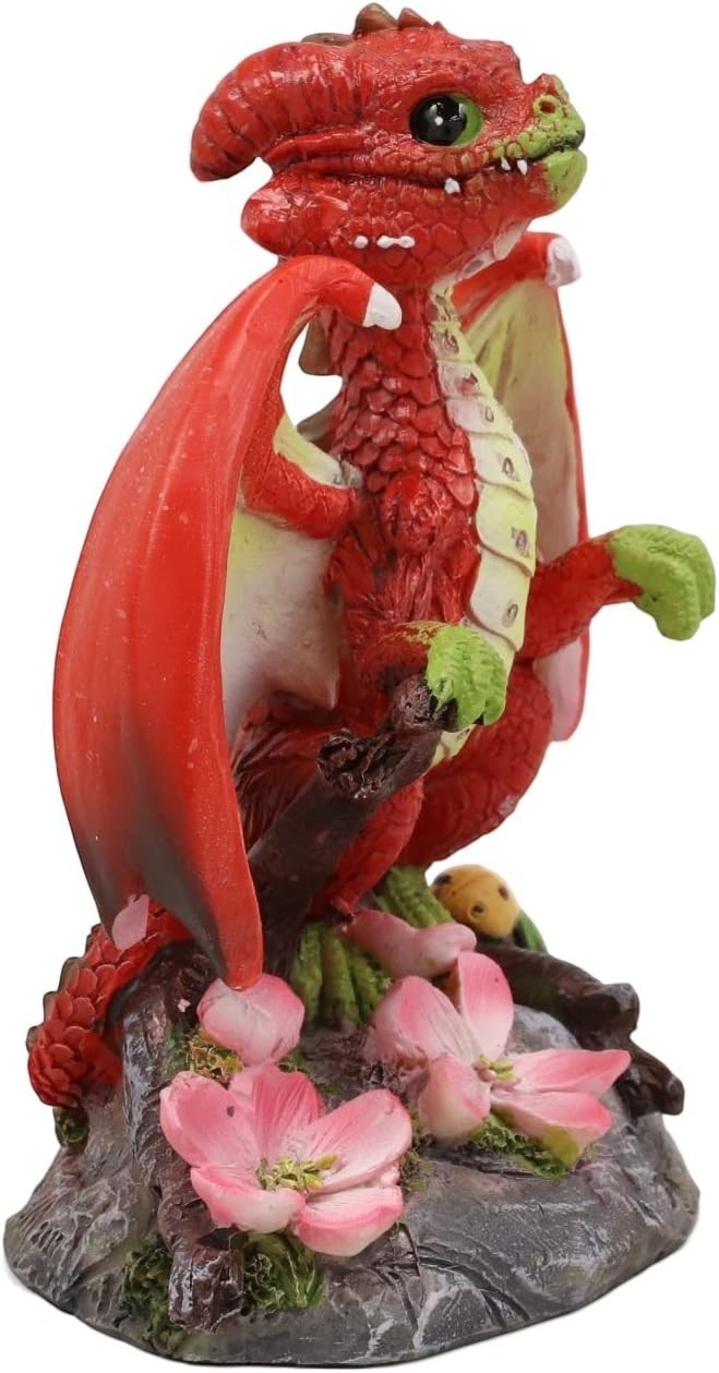 My Store Green Thumb Garden Fruits Red Apple Dragon figurine with green eyes and pink blossoms. Resin.
