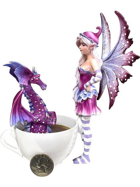 My Store Amy Brown Get Out of My Tub fairy figurine with purple dragon in teacup, detailed wings, striped stockings