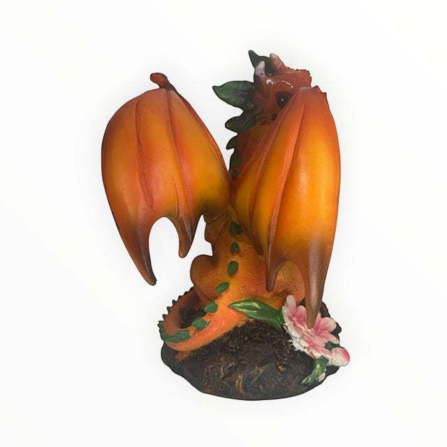 My Store Green Thumb Garden Fruits Series "Peach Dragon" figurine by Stanley Morrison, orange dragon with large wings, pink flowers.