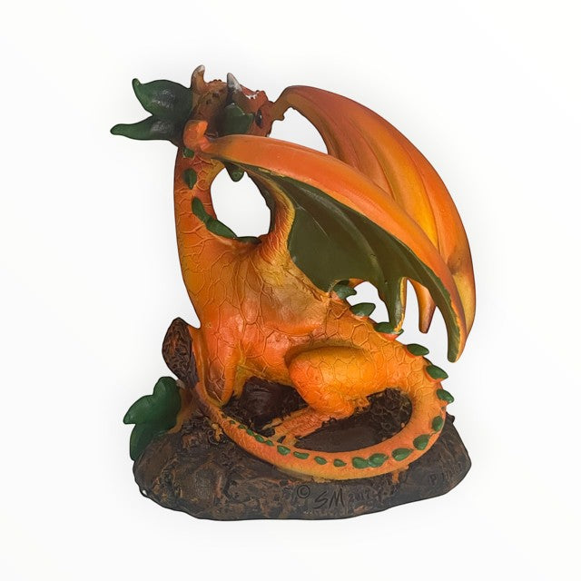 My Store Green Thumb Garden Fruits Series "Peach Dragon" figurine by Stanley Morrison. Orange dragon with green under wings and accents.