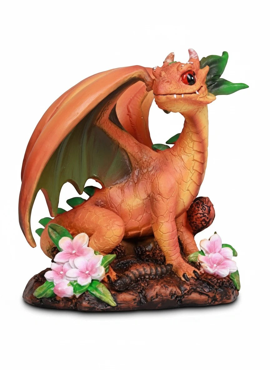 My Store Green Thumb Garden Fruits Series "Peach Dragon" figurine by Stanley Morrison. Orange dragon with green under wings, pink flowers, and a textured base.