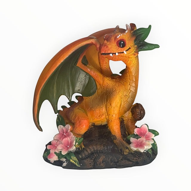 My Store Green Thumb Garden Fruits Series "Peach Dragon" figurine by Stanley Morrison. Orange dragon with green under wings, sitting on a rock with pink flowers.
