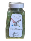 My Store Slice of Heaven green bath crystals in a clear jar with a fairy and wings label.