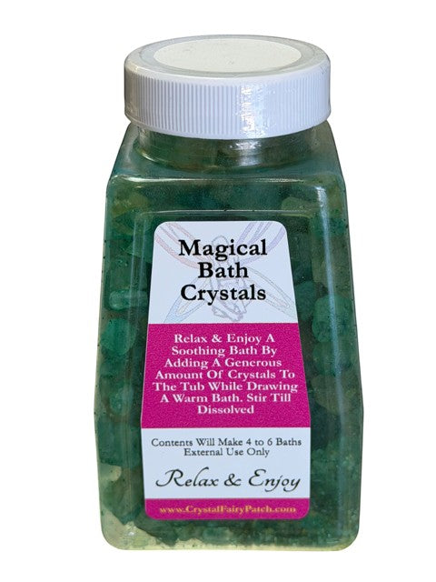 My StoreHere green bath crystals in a clear plastic jar with a white lid. Label reads "Magical Bath Crystals".