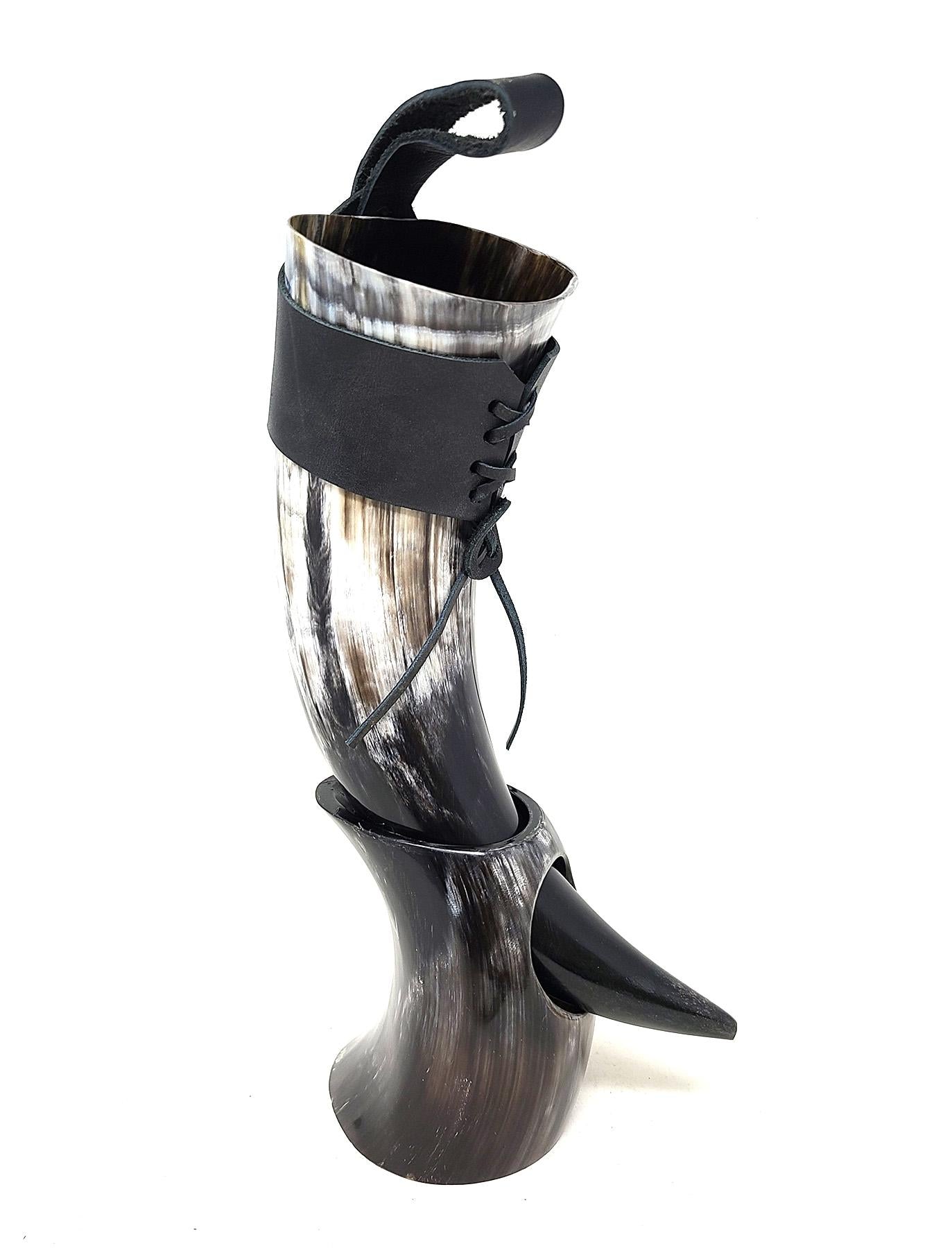 Authentic Medieval Viking Drinking Horn 24oz with Stand - Includes Handcrafted Leather Frog