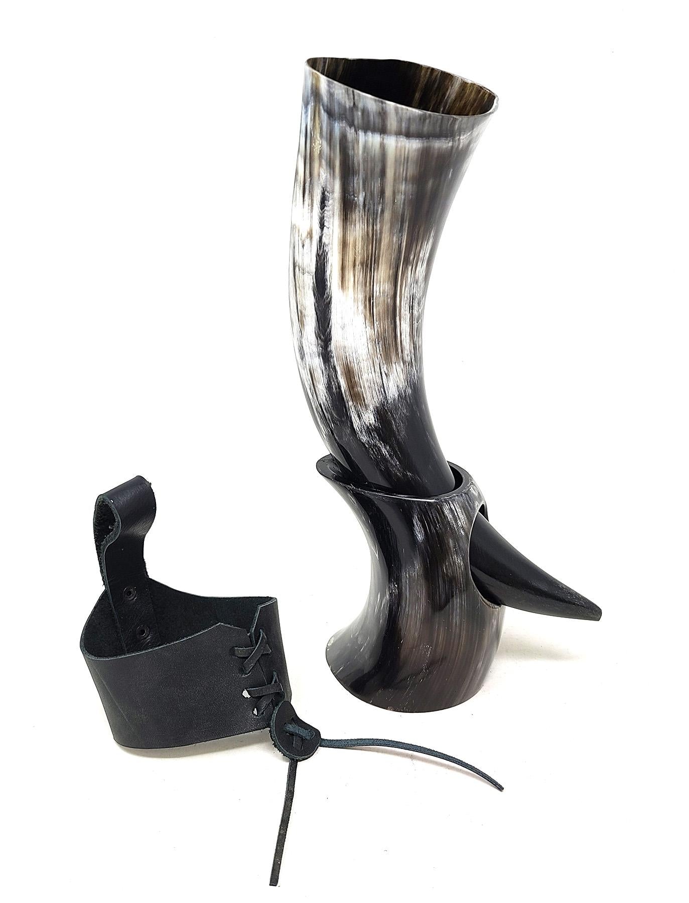 Authentic Medieval Viking Drinking Horn 24oz with Stand - Includes Handcrafted Leather Frog