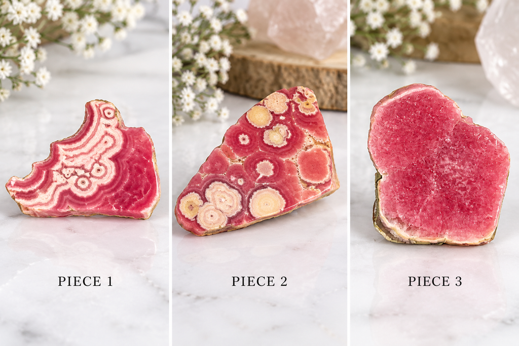 Rhodochrosite polished slabs - Pieces 1, 2, and 3
