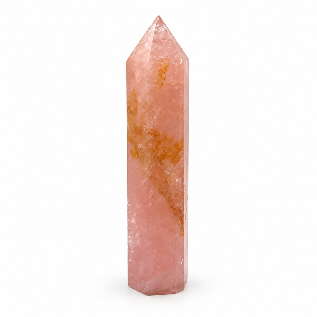 Rose quartz tower, second view of natural pink and golden mineral patterns