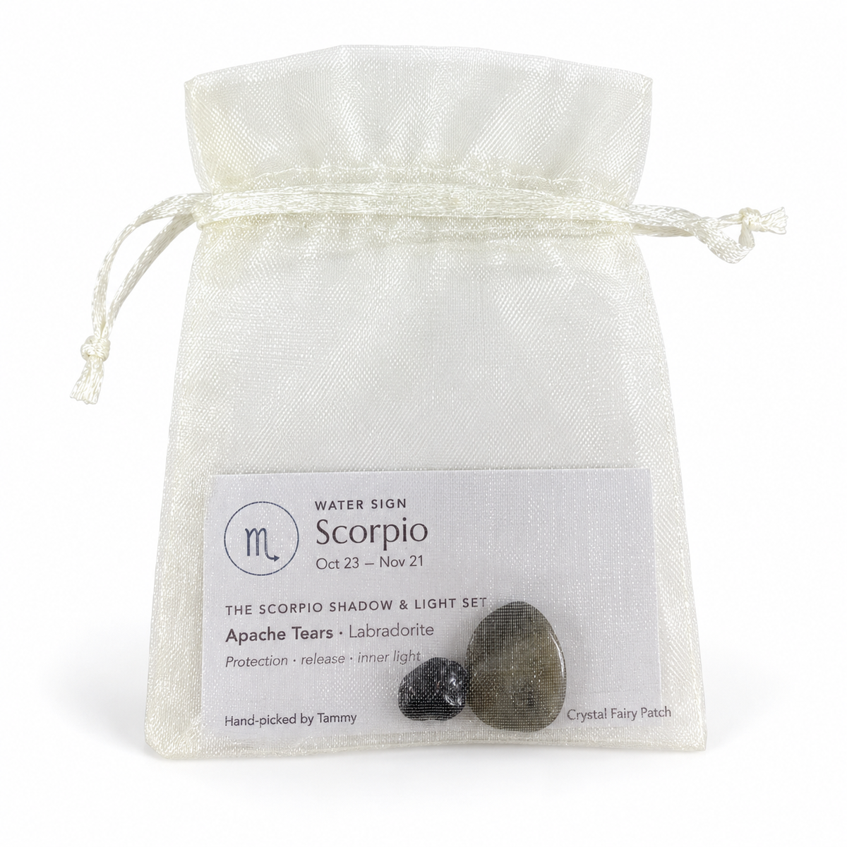 scorpio crystal set and card inside ivory organza gift bag