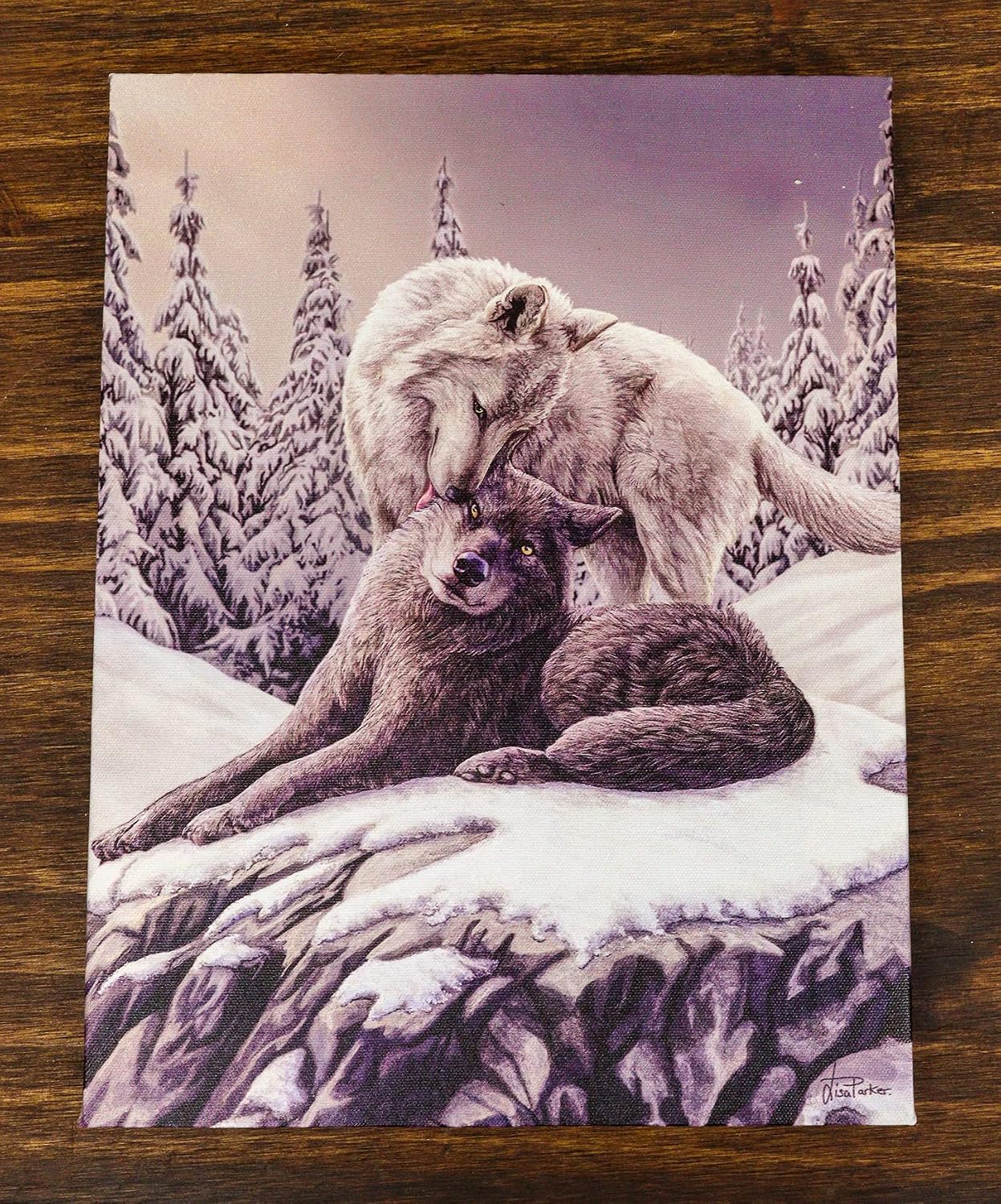 Snow Kisses Wolf Couple Canvas Framed Wall Art Wall Plaque - Lisa Parker - 7.5" W x 9.85"