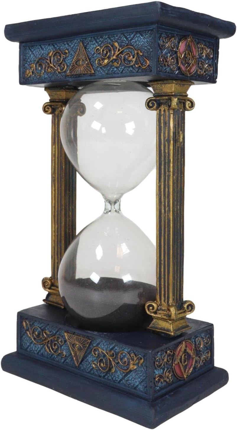 Antiqued Vintage Baroque Style Blue and Gold Freemasons Freemasonry Masonic Square and Compasses Monogram Decorative Sand Timer with Victorian Pillars Figurine Sandtimer Sculpture