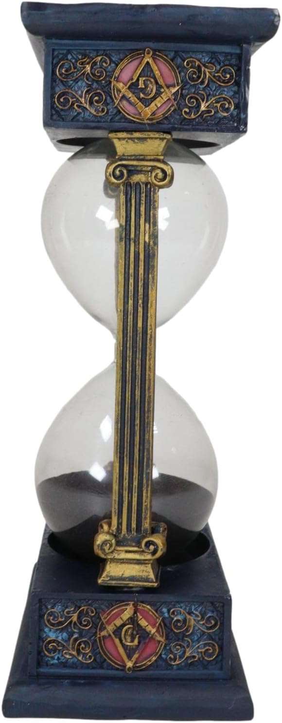 Antiqued Vintage Baroque Style Blue and Gold Freemasons Freemasonry Masonic Square and Compasses Monogram Decorative Sand Timer with Victorian Pillars Figurine Sandtimer Sculpture