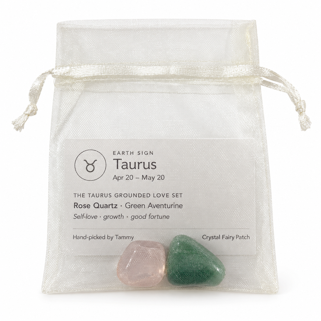 Taurus crystal set with zodiac card inside an ivory organza gift bag