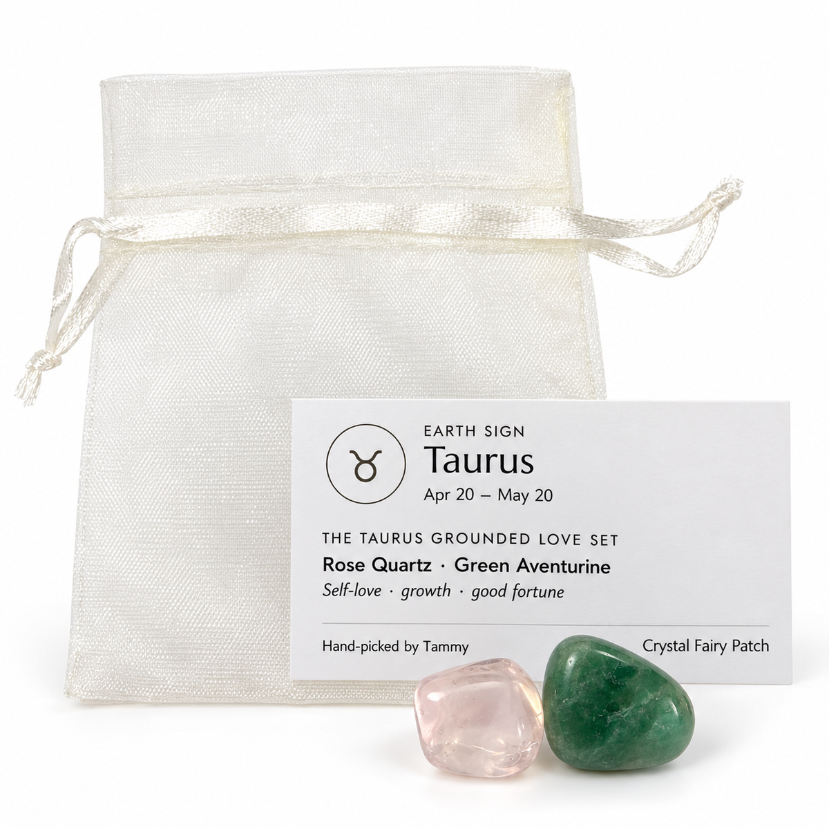 Taurus Grounded Love crystal set with Rose Quartz, Green Aventurine, zodiac card and ivory gift bag