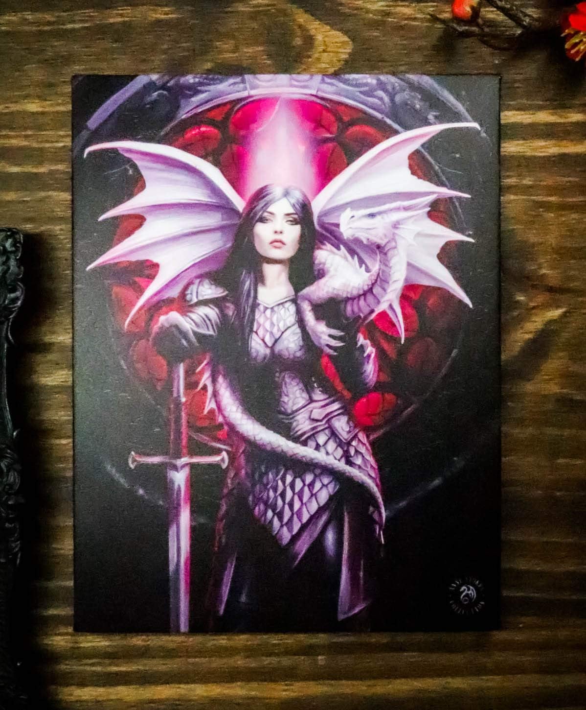 Valour Warrior Knight Queen With Dragon Canvas Framed Wall Art Wall Plaque - Anne Stokes - 7.5" W x 9.85"