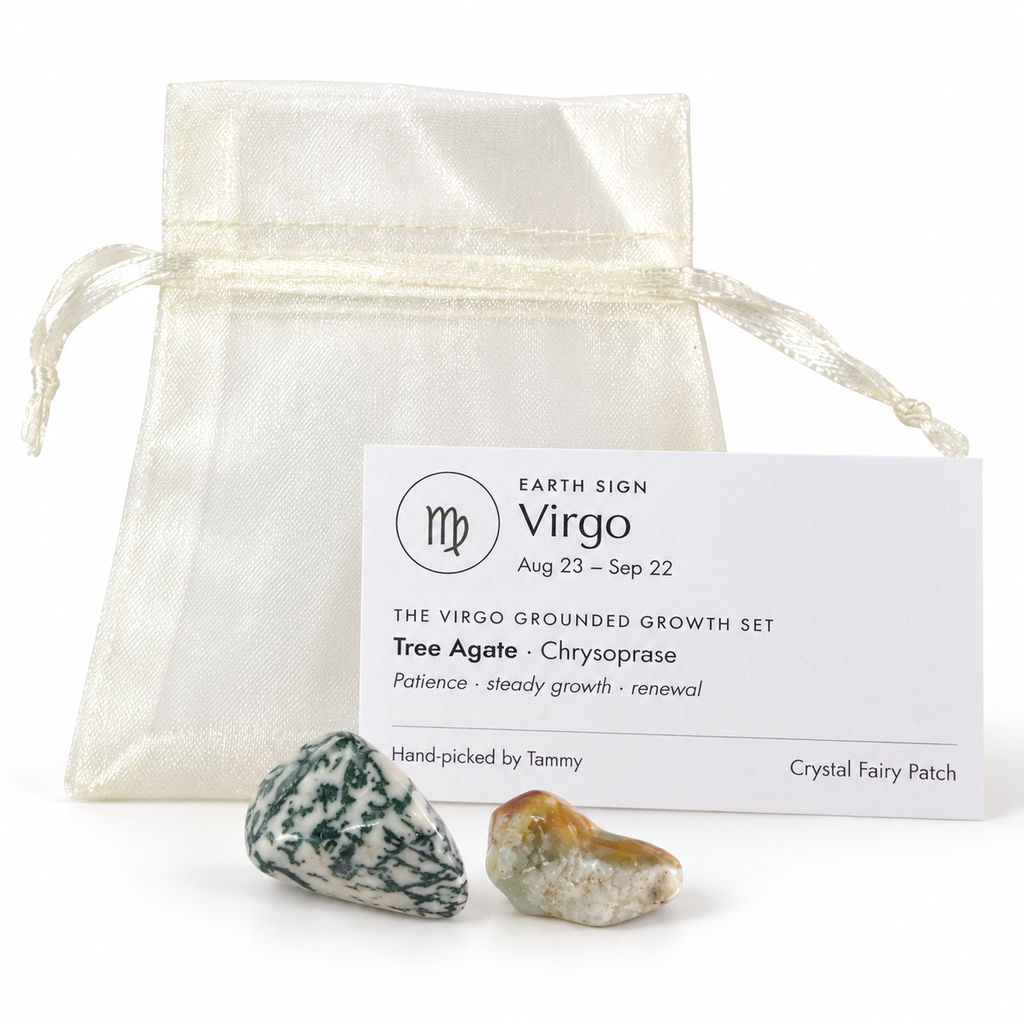 Virgo Grounded Growth crystal set with Tree Agate, Chrysoprase, zodiac card and ivory gift bag