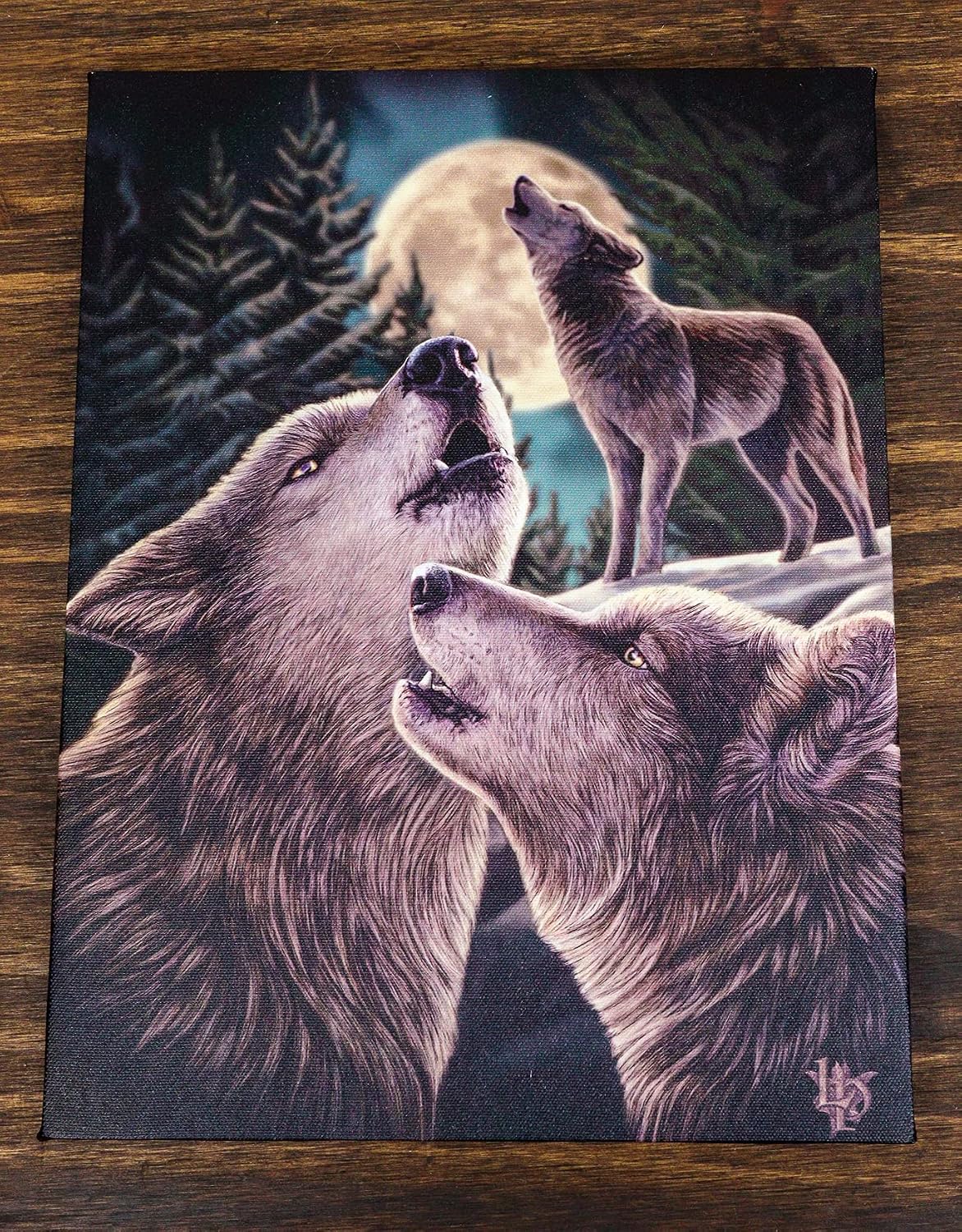 Wolf Song Howling Wolves With Full Moon Canvas Framed Wall Art Wall Plaque - Lisa Parker - 7.5" W x 9.85"