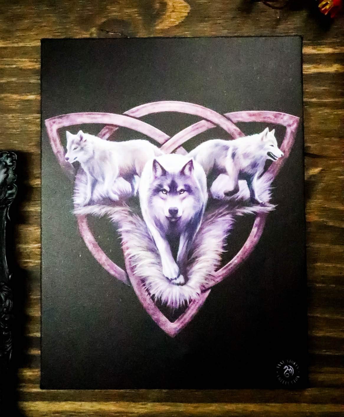 Wolf Trio Direwolf Trinity Wolfpack Canvas Framed Wall Art Wall Plaque - Anne Stokes - 7.5" W x 9.85"