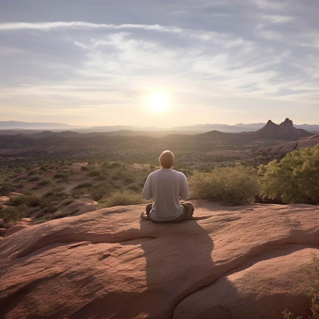 Person meditating on a mountain top during summer solstice